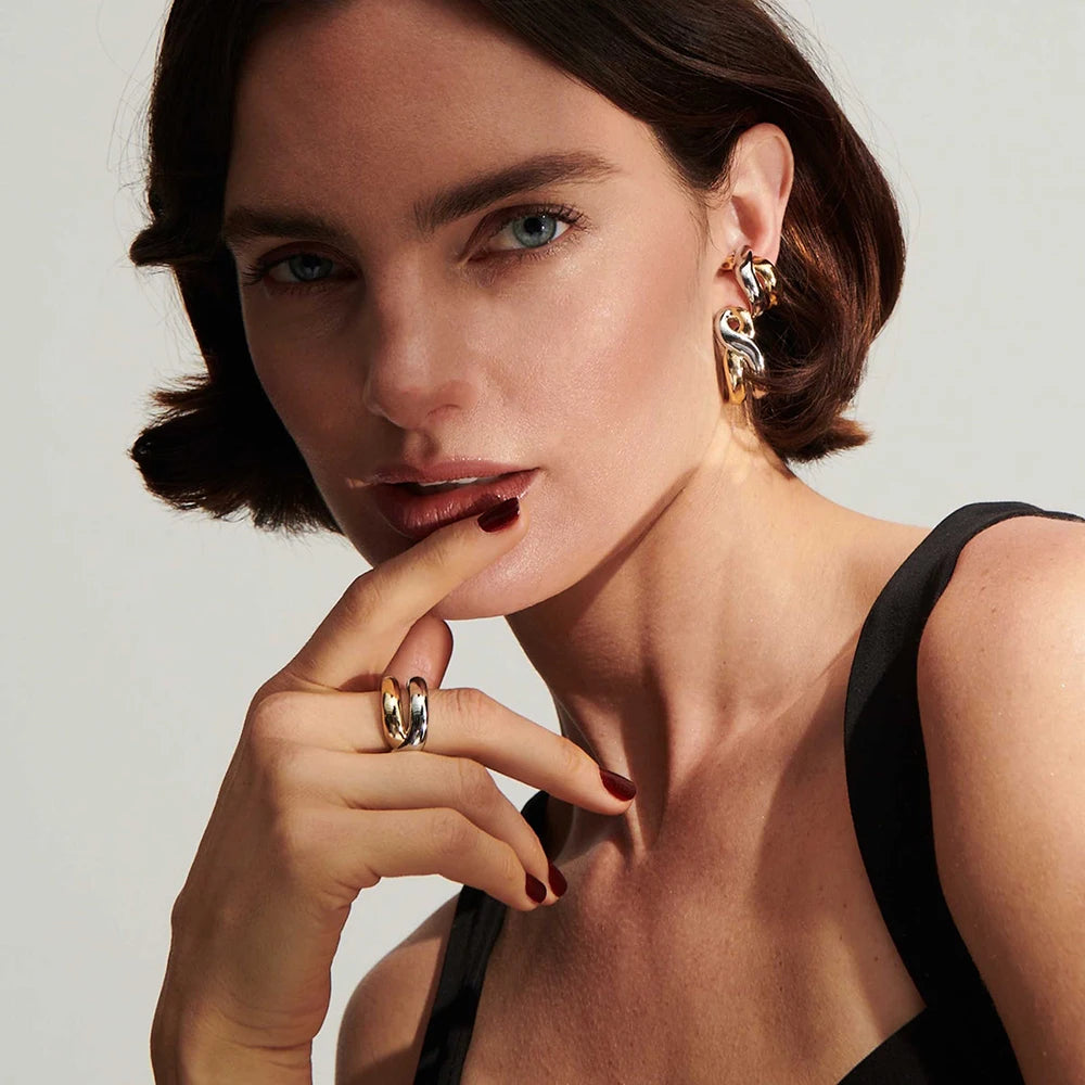 Double Layer Two-tone Knuckle Ring Women 18k Gold Plated Stainless Steel Gothic Jewelry