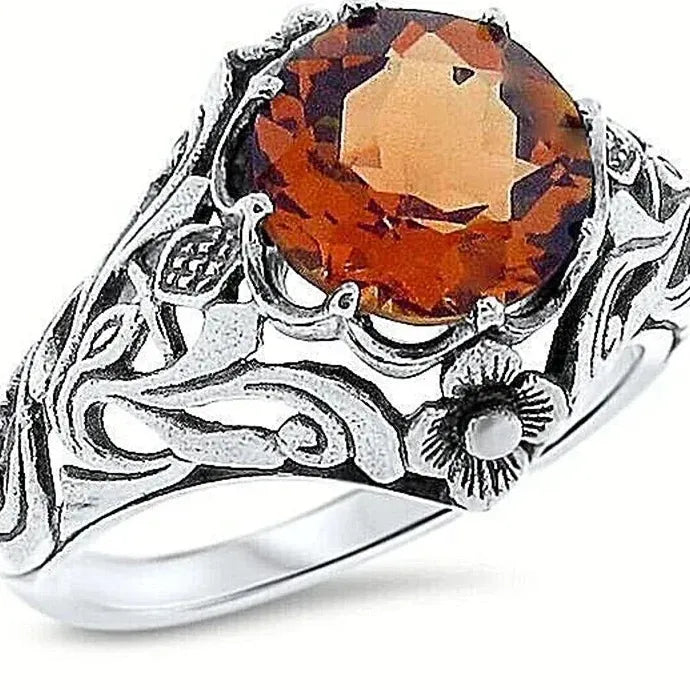 Vintage Red Zircon Plant Pattern Zinc Alloy Ring Gothic Punk Jewelry Gift