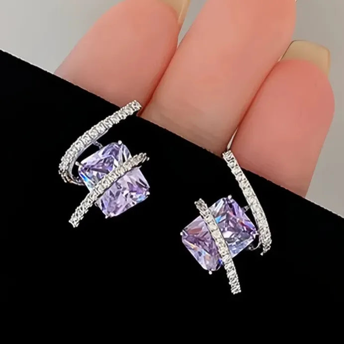 Purple Geometric Cubic Zirconia Stud Earrings for Women Bridal 2023