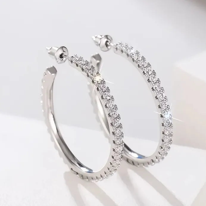Elegant Women's Silver Geometric Hoop Earrings with Cubic Zirconia Sparkle