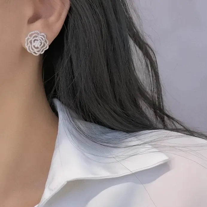 Geometric Hollow Flower CZ Stud Earrings Full Pave Bling for Women