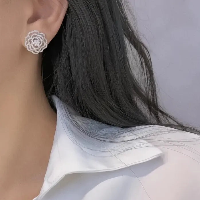 Aesthetic Hollow Flower CZ Copper Alloy Stud Earrings for Women
