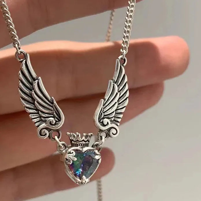 Vintage Gothic Heart Angel Wings Zinc Alloy Pendant Necklace Women