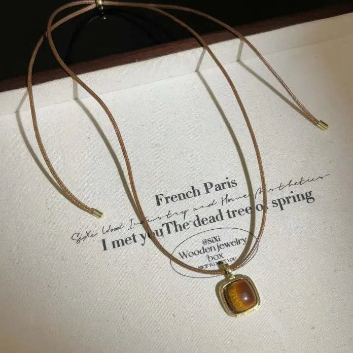 Brown Natural Stone Geometric Pendant Necklace with Leather Rope Chain