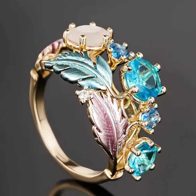 Gold Feather Blue CZ Ring Brass Geometric Wedding Party Jewelry for Women