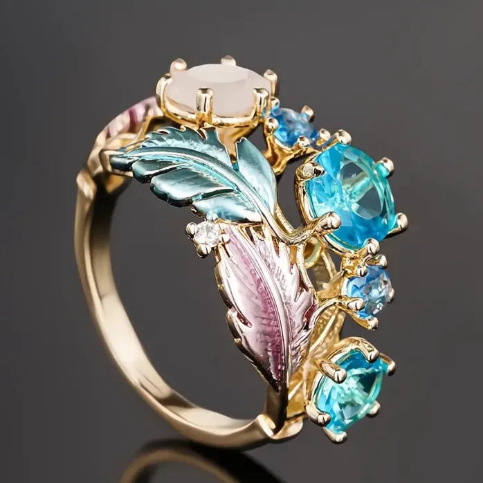 Brass Geometric Feather Ring for Women with CZ Wedding Band Jewelry