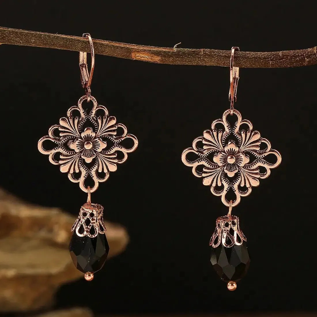 Vintage Silver Zinc Alloy Black Stone Geometric Hollow Flower Earrings for Women