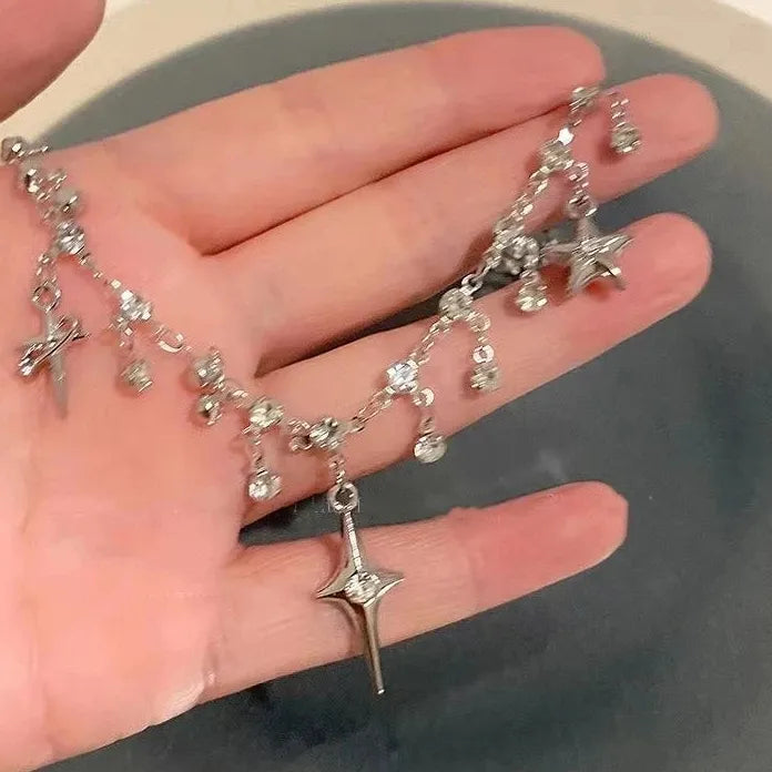 Star Tassel Crystal Zircon Pendant Necklace for Women Girls Zinc Alloy Chain