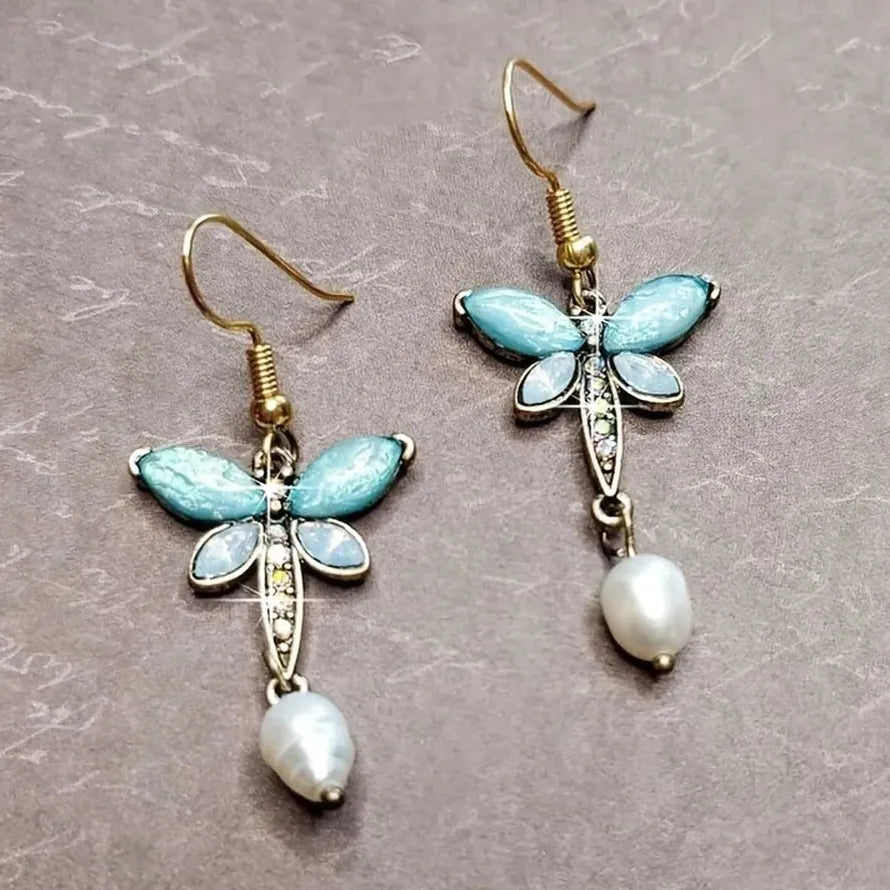 Elegant Dragonfly Carving Seven Color Gemstone Hook Earrings for Women Wedding Jewelry