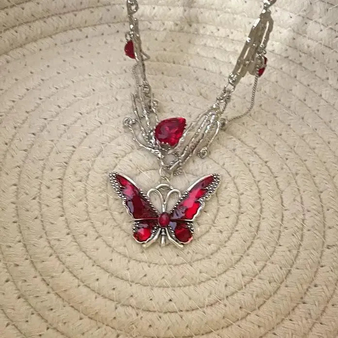 Gothic Red Crystal Butterfly Pendant Silver Ghost Claw Short Choker Necklace Women Jewelry