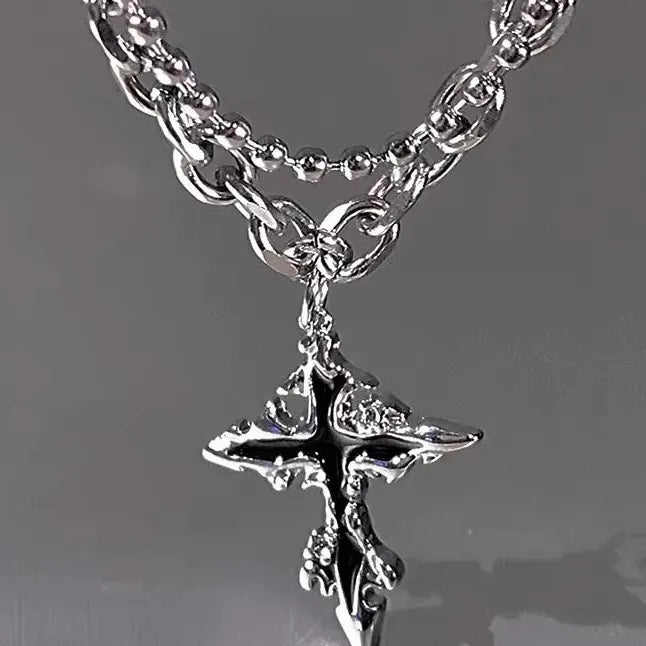 Punk Double Layer Cross Necklace for Women Men Halloween Charm Jewelry