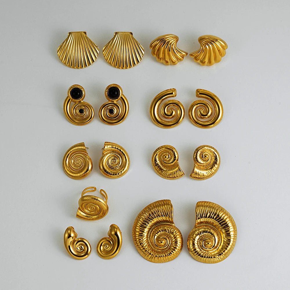 18K Gold Plated Stainless Steel Waterproof Ribbed Large Shell Stud Earrings