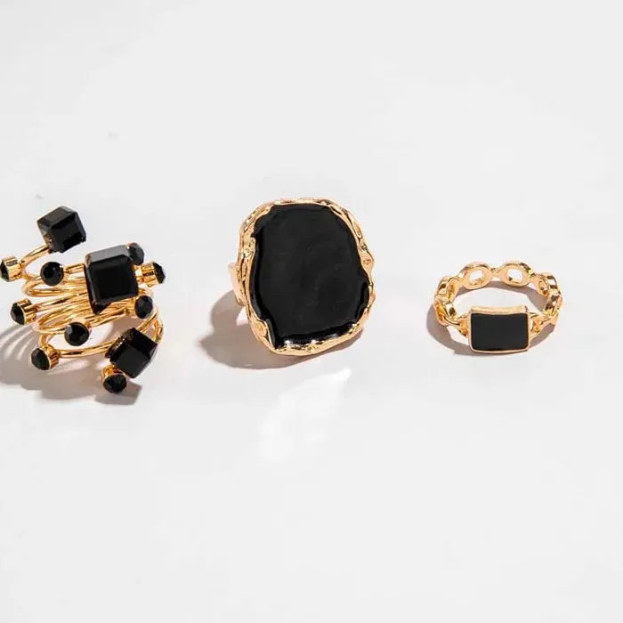 3Pcs Vintage Black Drip Oil Crystal Geometric Rings for Women Jewelry Gift