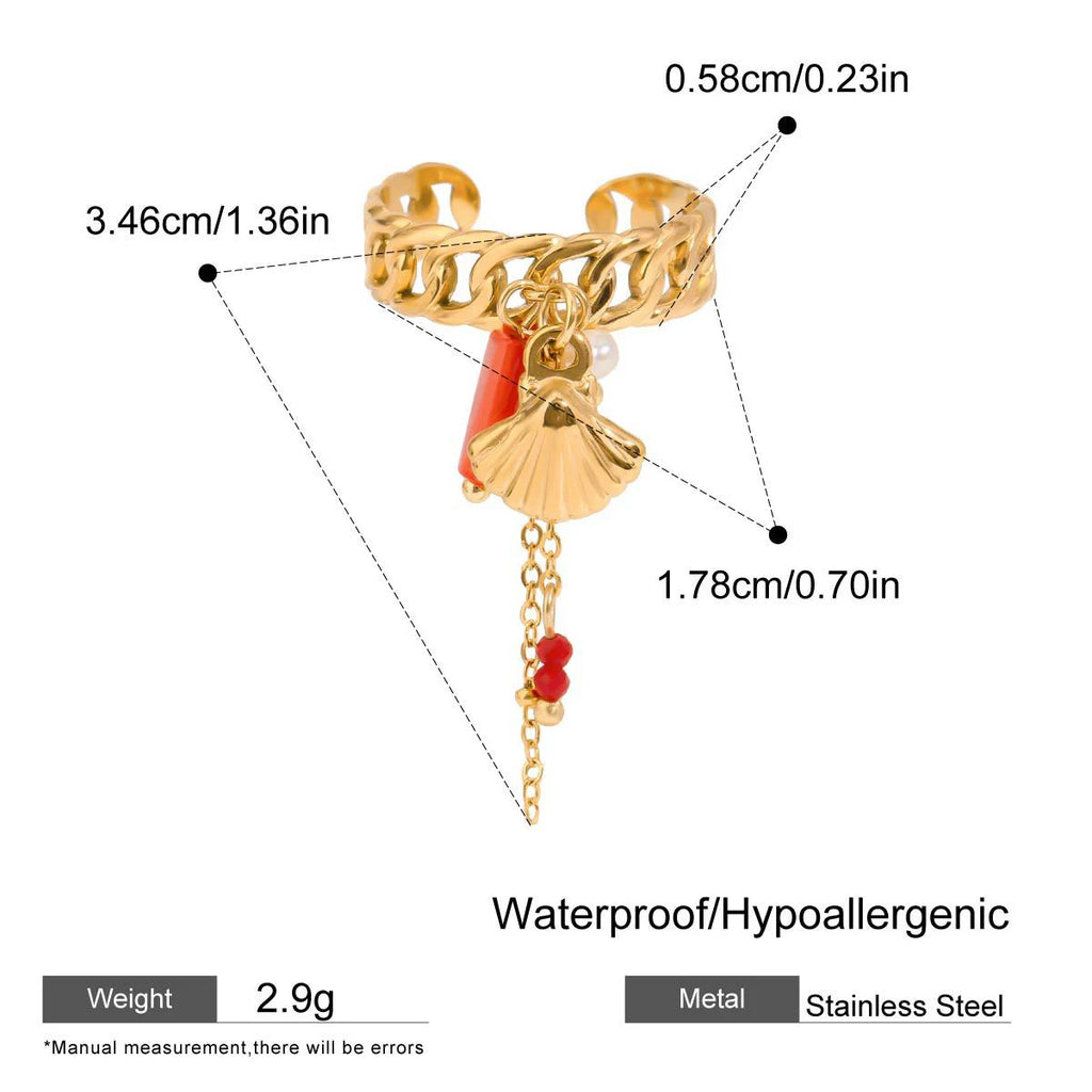 Stainless Steel Personality Rock Tassels Scallop Shell Pearl Red Beads Knuckle Ring