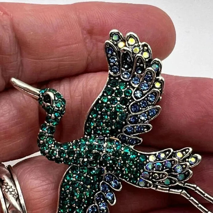 Heron Crane Bird Brooch for Women Green Rhinestone Animal Pin Jewelry