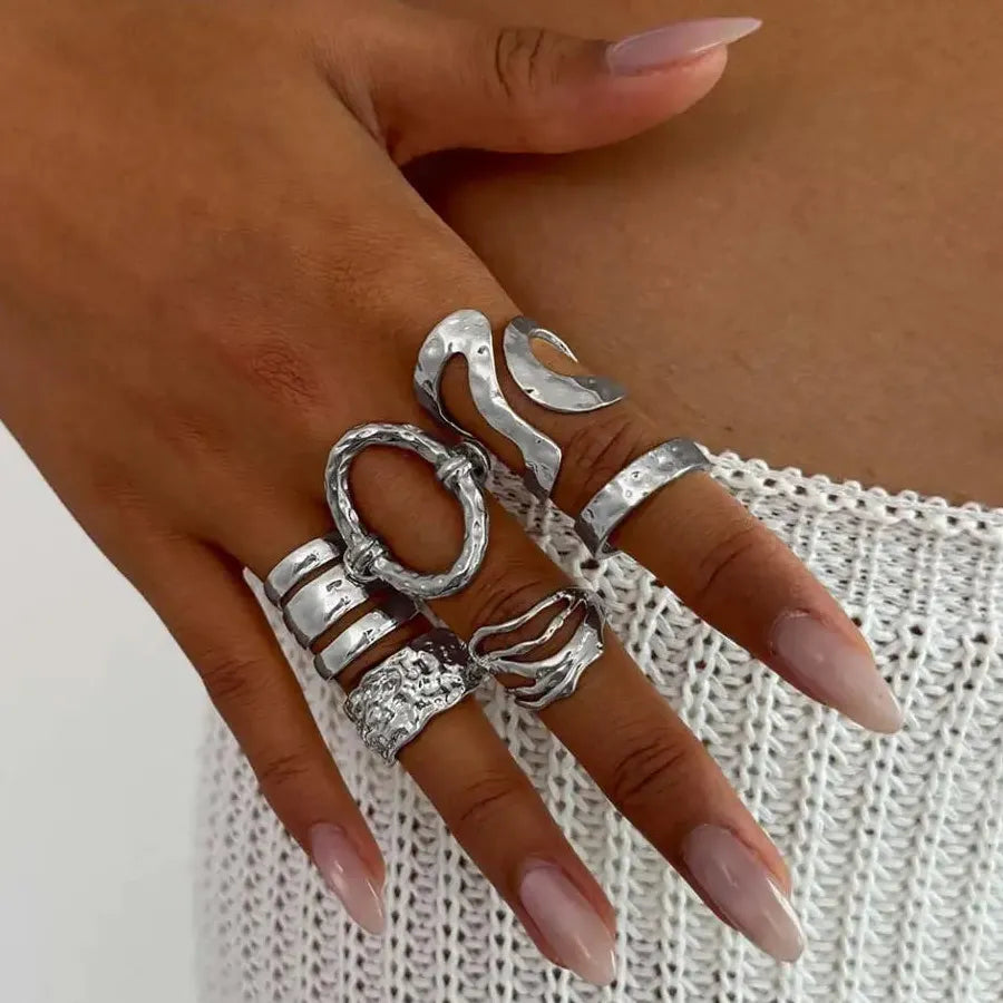 6Pcs Boho Geometric Irregular Hollow Rings Set for Women Fashion Jewelry