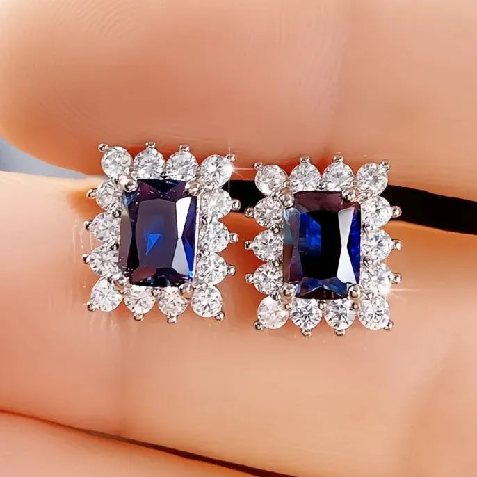 Noble Blue Geometric Cubic Zirconia Stud Earrings with Push-Back Closure