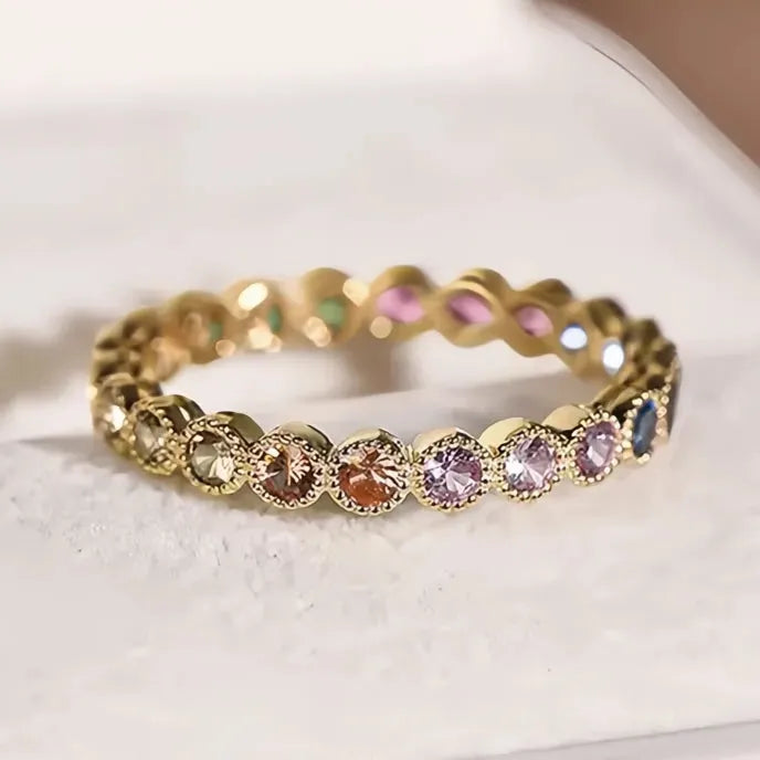 Colorful Rainbow Cubic Zirconia Promise Ring for Women Gold Tone Trendy Wedding Jewelry