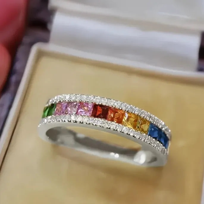 Women's Multi-Colored Square Cubic Zirconia Engagement Ring in Brass