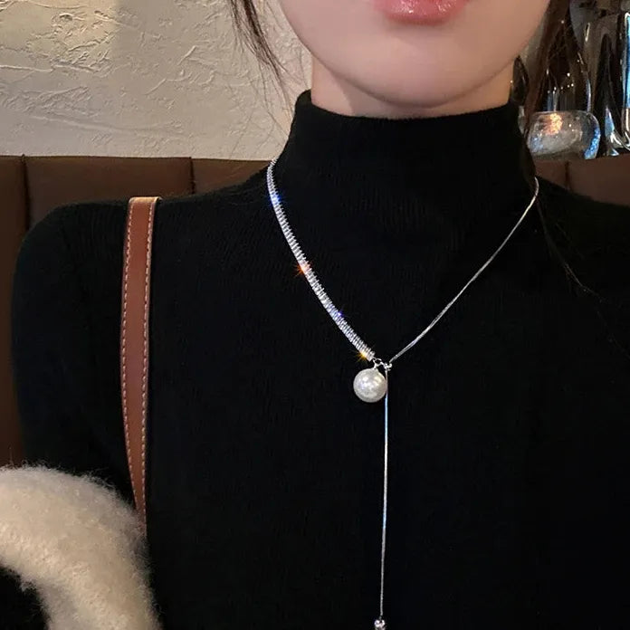 Adjustable Y2K Copper Chain Necklace with Snake Bone Tassel and Pearls