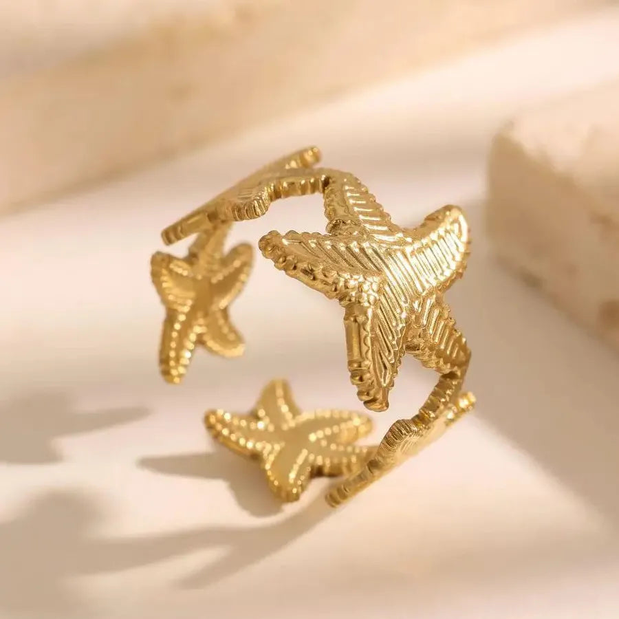 2026 Stainless Steel Starfish Dolphin Shell Adjustable Waterproof Ring for Women
