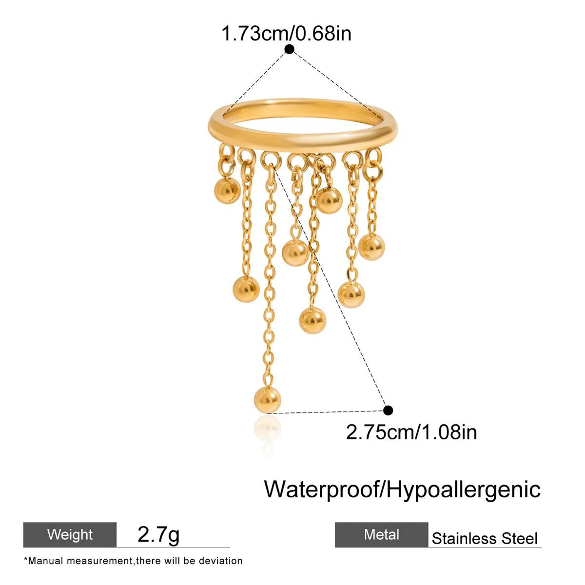 18K Gold Plated Stainless Steel Daisy Flower Safety Pin Round Bead Chain Ring