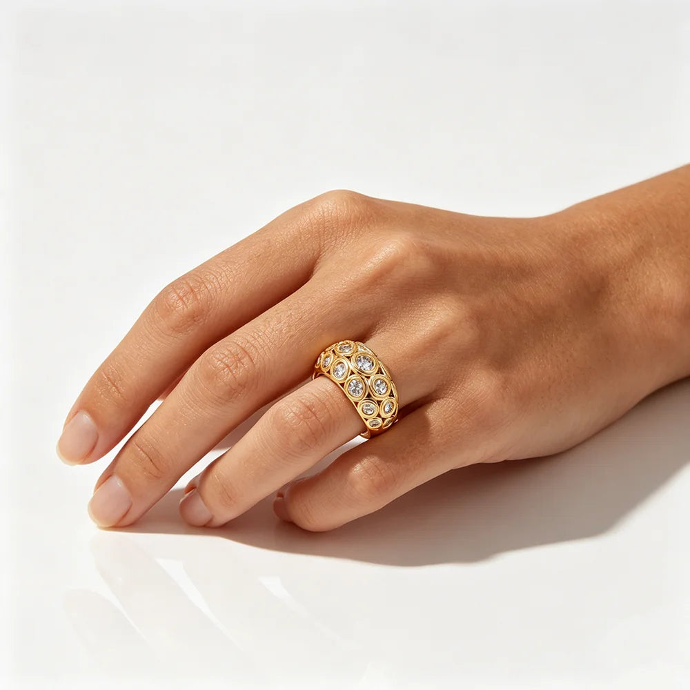 Italy Geometric CZ Zircon Wide Dome Sparkling Wedding Ring Stainless Steel Jewelry