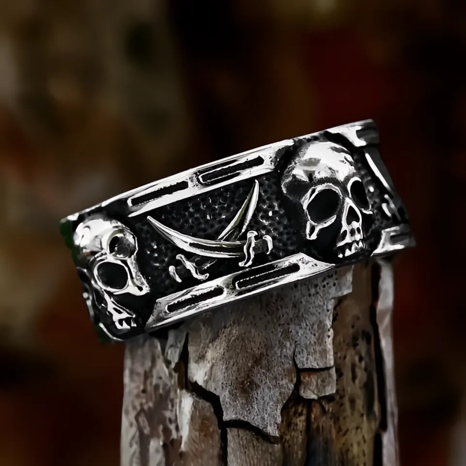 316L Stainless Steel Punk Vintage Skull Pirate Double Knife Ring Unisex Biker Jewelry Gift