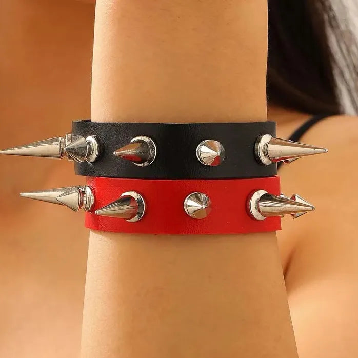 Punk Gothic Metal Spike Rivets Chain Cuff Bracelet Black PU Leather Adjustable Wristband