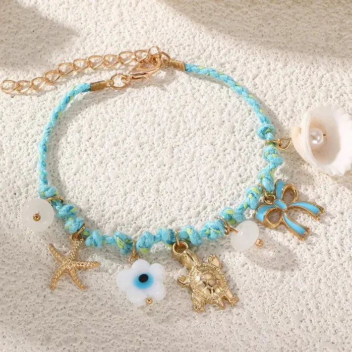 Bohemia Hand Woven Rope Bracelet Featuring Daisy Fish Starfish Shell Pendant for Women Summer Jewelry