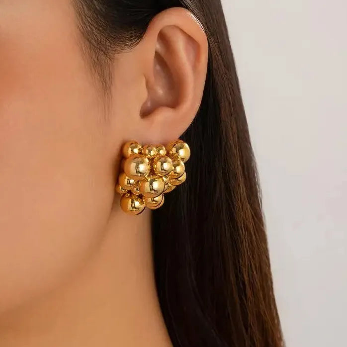 Grape String Hollow Ball Stud Earrings for Women Gold Tone Jewelry Gift