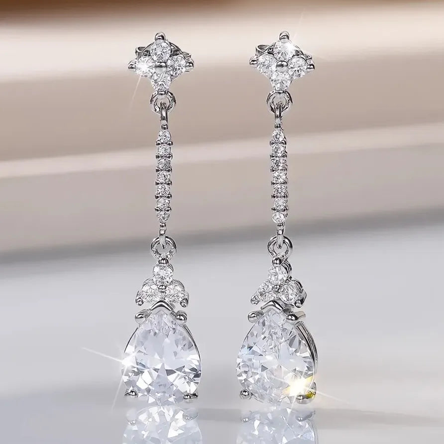 Geometric Cubic Zirconia Drop Earrings Silver Color Elegant Wedding Jewelry