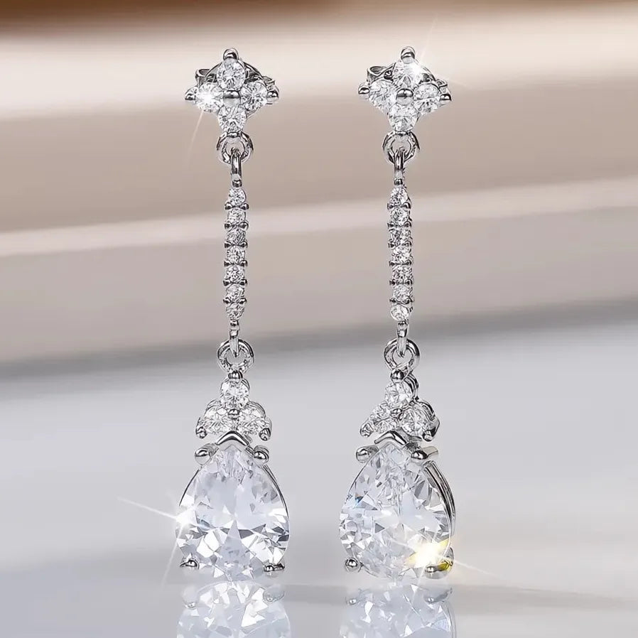 Geometric Crystal Pear Cubic Zirconia Drop Earrings Silver Wedding Jewelry