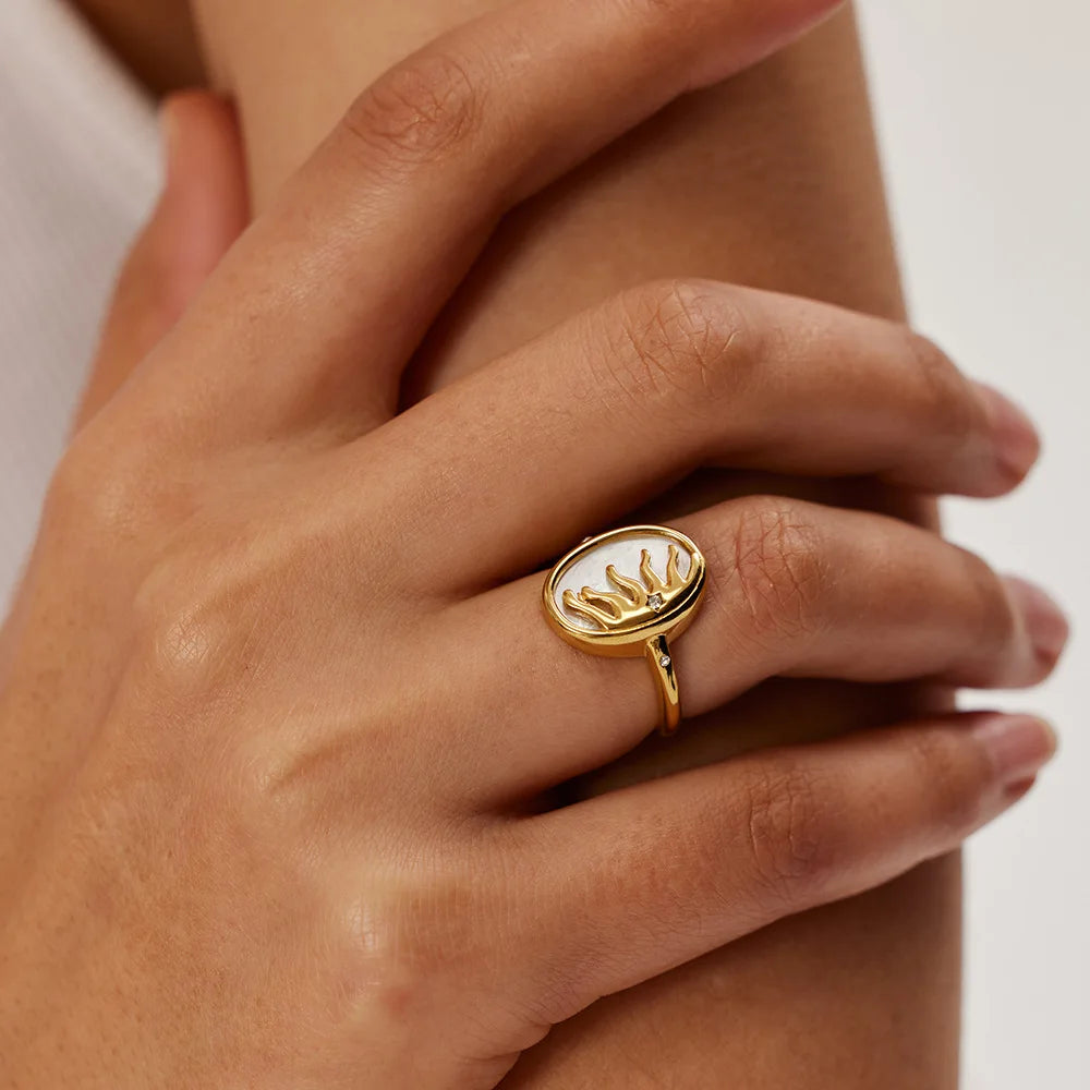 Vintage Opal Gold Stainless Steel Geometric Sun Ring for Women Wedding Jewelry