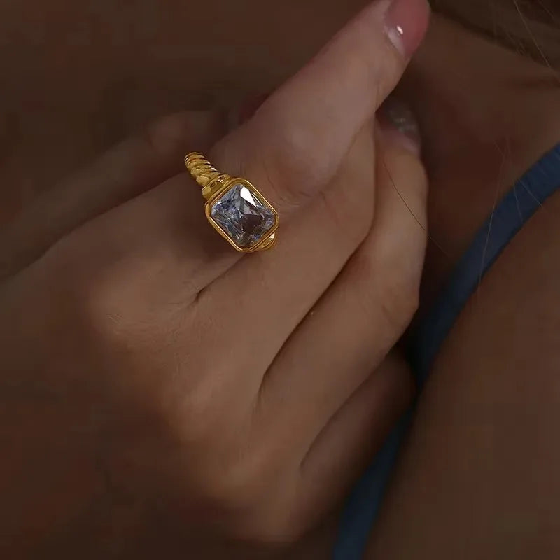 18K Gold Plated Stainless Steel Square Multi-Color Crystal CZ Chunky Ring
