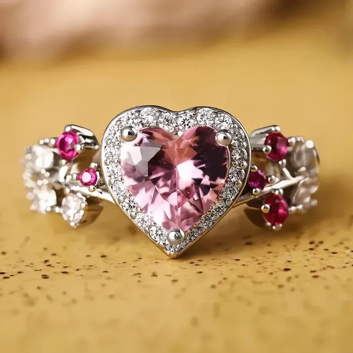 Heart Pink Cubic Zirconia Silver Wedding Ring for Women Engagement