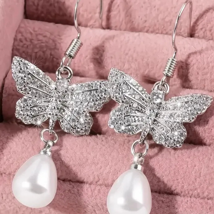 Butterfly Women’s Imitation Pearl Drop Earrings Cubic Zirconia Jewelry