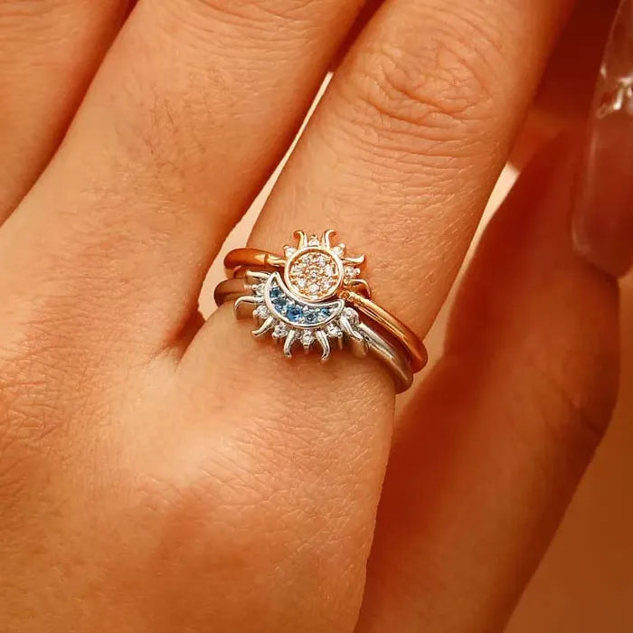 2Pcs Women’s Moon Sun Star Crystal Rings Copper Wedding Jewelry Gift Set