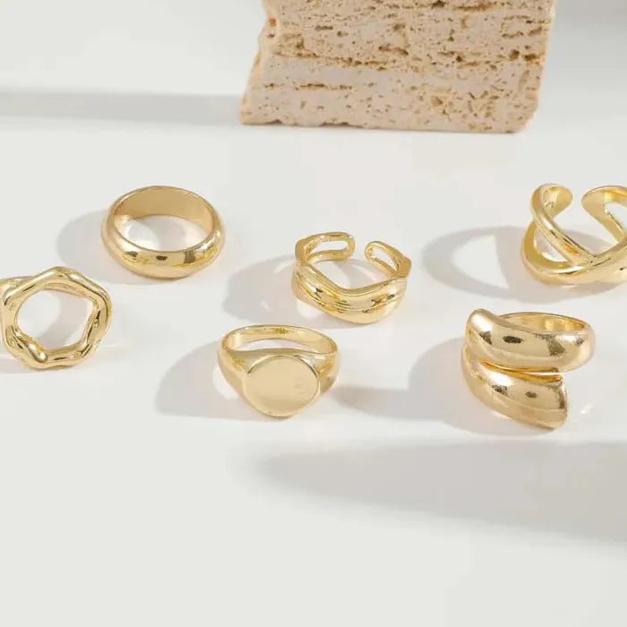 6Pcs Gold Geometric Open Mood Tracker Rings Set for Women Fashion Jewelry