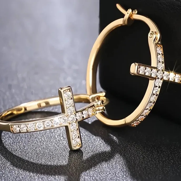 Gold Cross Hoop Earrings for Women Cubic Zirconia Inlaid Trendy Chic Wedding Jewelry