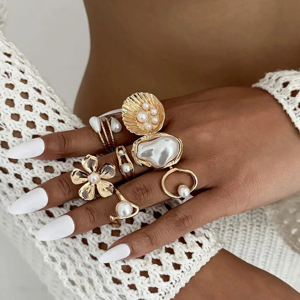 7Pcs Vintage Irregular Geometric Flower Pearl Rings Set for Women Fashion Jewelry