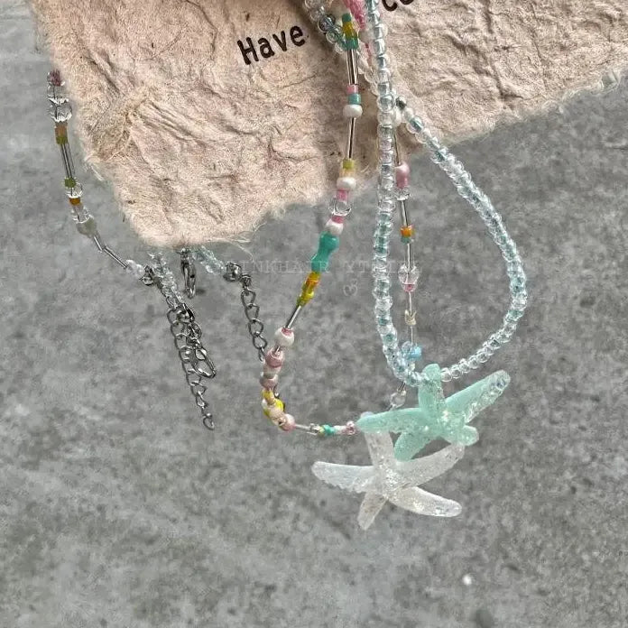 Y2K Blue Acrylic Starfish Pendant Necklace for Women Colorful Bead Choker