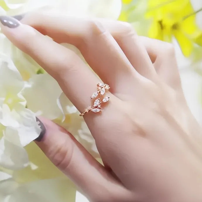 Women’s Wedding Ring Branch Leaves Opening 3 Metal Colors Brass CZ Band
