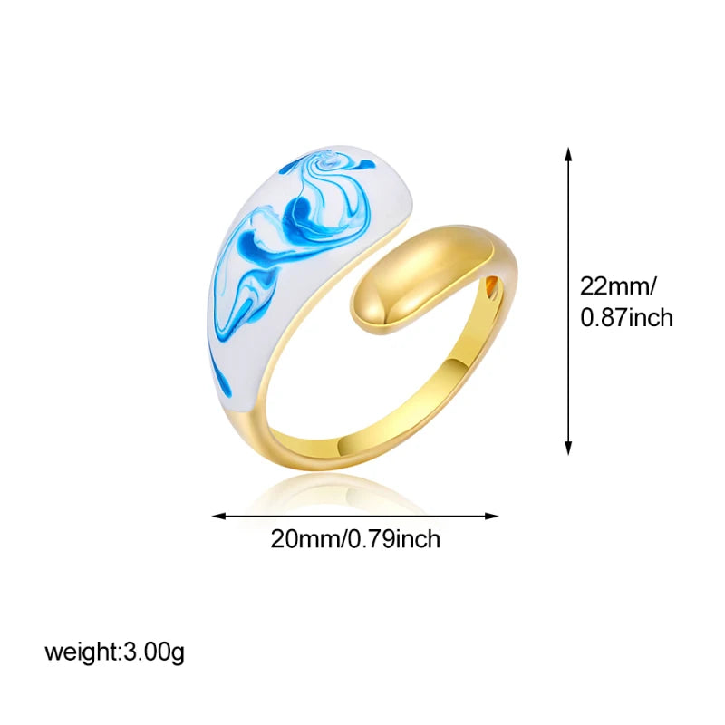 18k Gold Plated Stainless Steel Blue White Porcelain Waterdrop Dome Ring Geometric