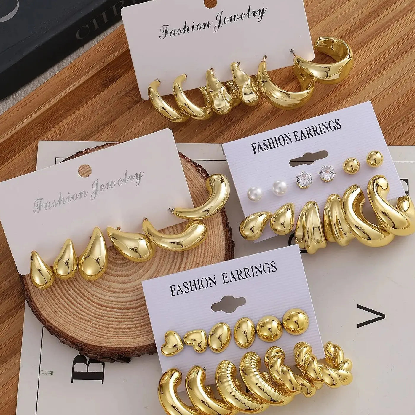 12Pcs Vintage Gold Geometric Water Drop C-Earrings Tungsten Zinc Alloy