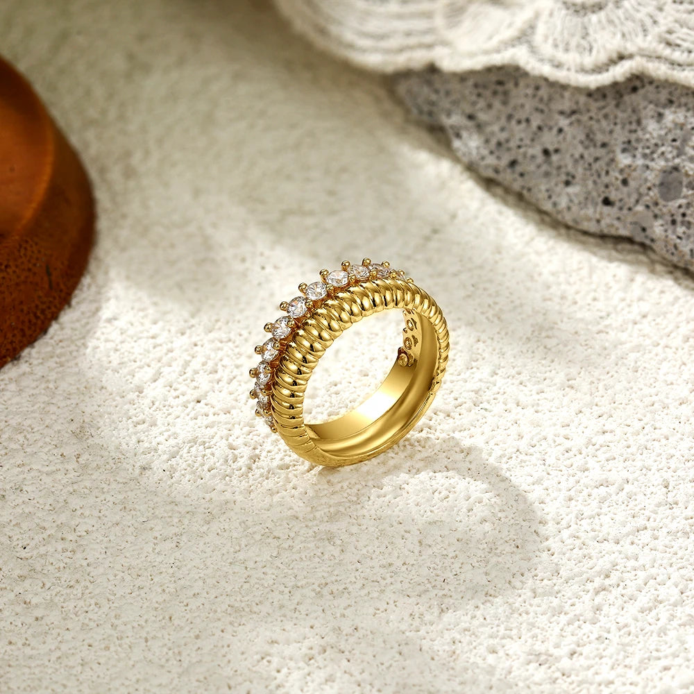 18k Gold Plated Stainless Steel Geometric CZ Zircon Wedding Ring Lightweight