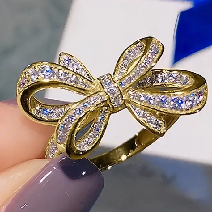 Bow Shaped Women’s Ring with Cubic Zirconia Brass Fashion Jewelry Gold Silver