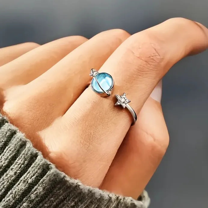 Geometric Blue Planet & Silver Star Pave Opening Rings for Women Gift
