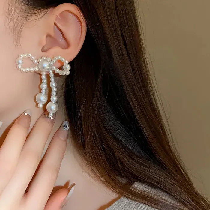 2026 Korea Fashion Pearl Butterfly Bow Drop Earrings for Women Wedding Jewelry
