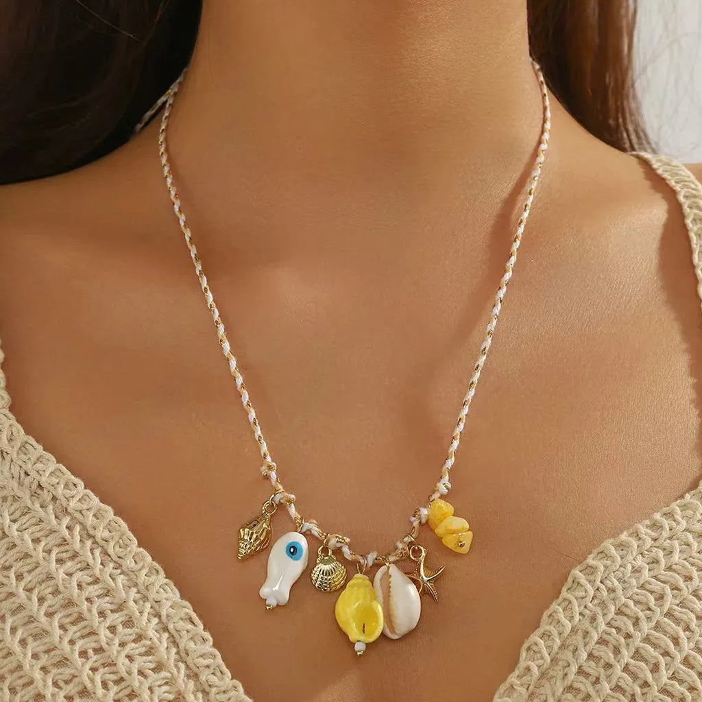 Handmade Rope Ceramic Fish Conch Pendant Necklace Women Starfish Shell Choker Jewelry